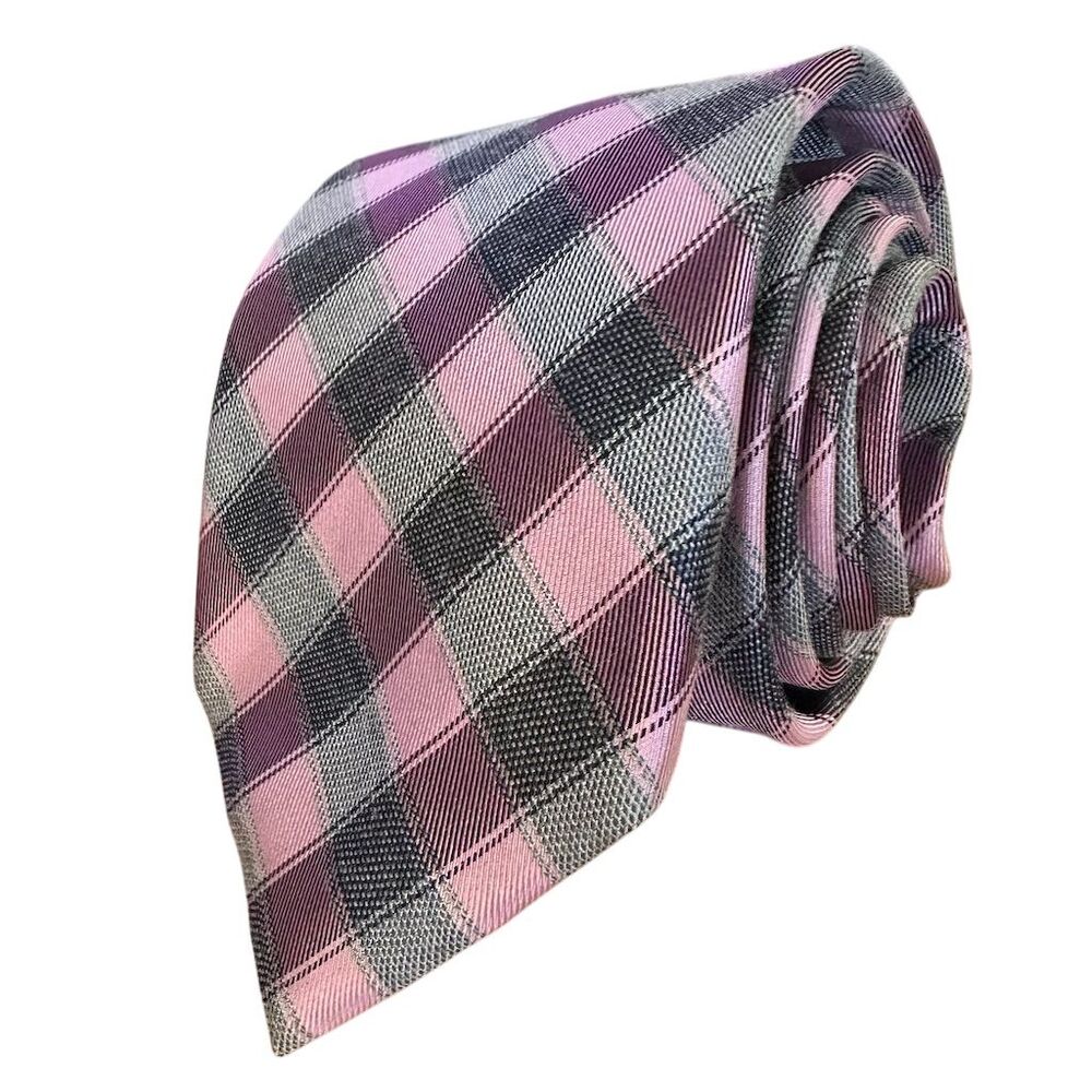 Michael Kors Men's Pink & Gray‎ Plaid Silk Necktie 58” x 3”